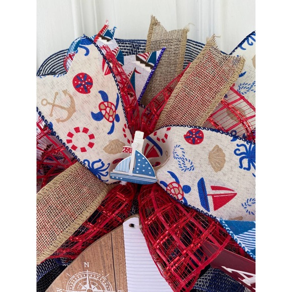 Coastal Sailboat Ahoy Anchor Beach Seashells Fish Summer Deco Mesh Ribbon Wreath - Picture 6 of 9